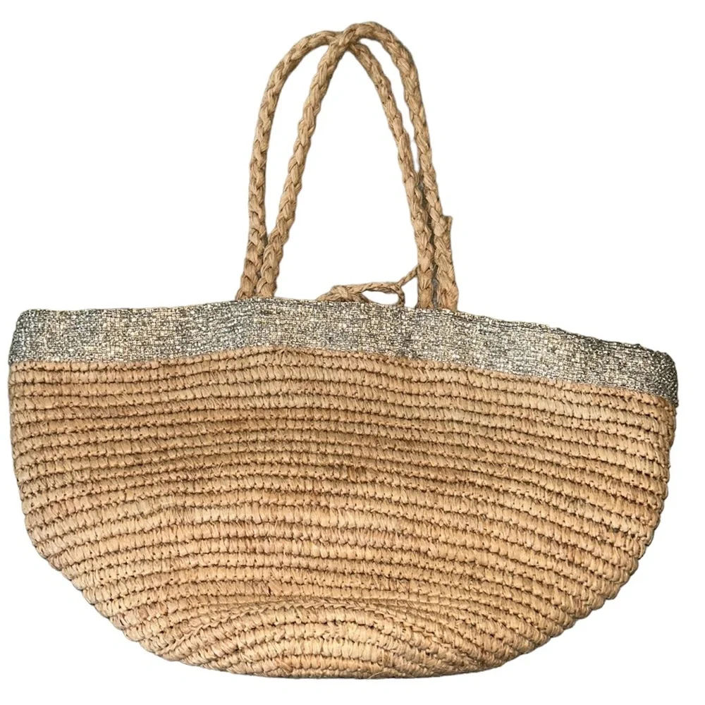 J. Crew Iridescent Beaded Straw Tote Bag
